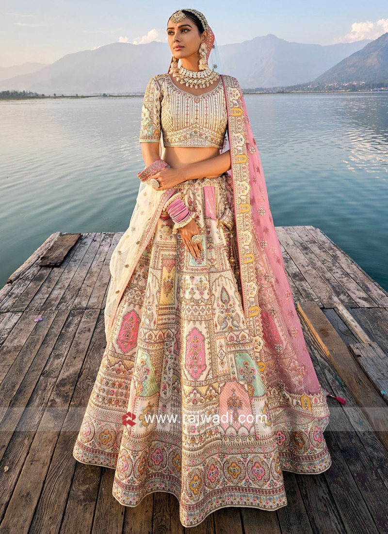 Pink heavy flare bridal lehenga with gota and Resham embroidery – Ricco  India