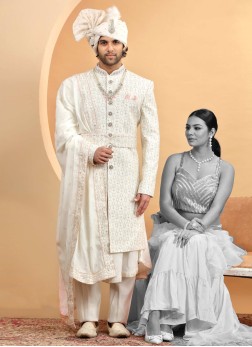 Cream Embroidered Anarkali Style Sherwani In Silk