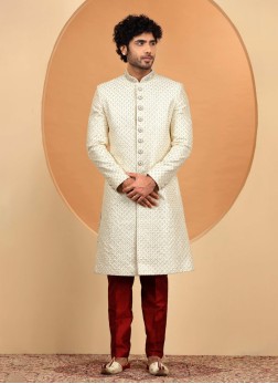 Cream Embroidered Groom Sherwani Set In Silk