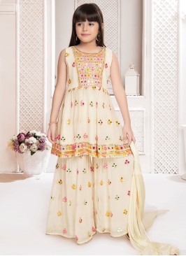 Cream Embroidered Palazzo Dress With Dupatta