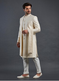 Cream Embroidered Sherwani For Wedding