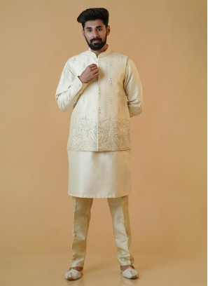 Cream Embroidered Wedding Wear Nehru Jacket Set