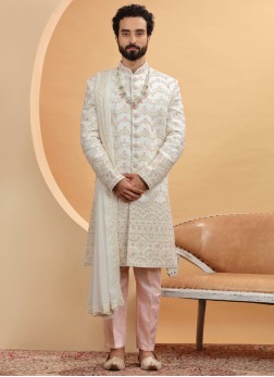 Cream Embroidery Majesty Sherwani With Dupatta