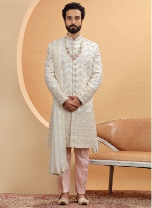 Cream Embroidery Majesty Sherwani With Dupatta