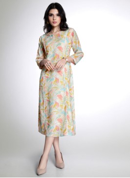 Cream Fancy Printed Cotton Silk Kurti