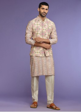 Cream Fancy Printed Festive Wear Nehru Jacket Set