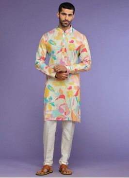Cream Fancy Printed Readymade Kurta Pajama