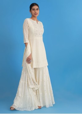 Elegant Cream Sharara Set With Embroidered Work