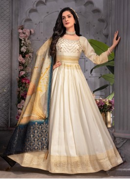 Cream Festive Wear Anarkali Dress With Floral Dupatta