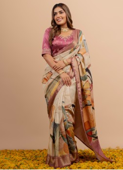 Cream Floral Printed Festive Wear Dola Silk Saree
