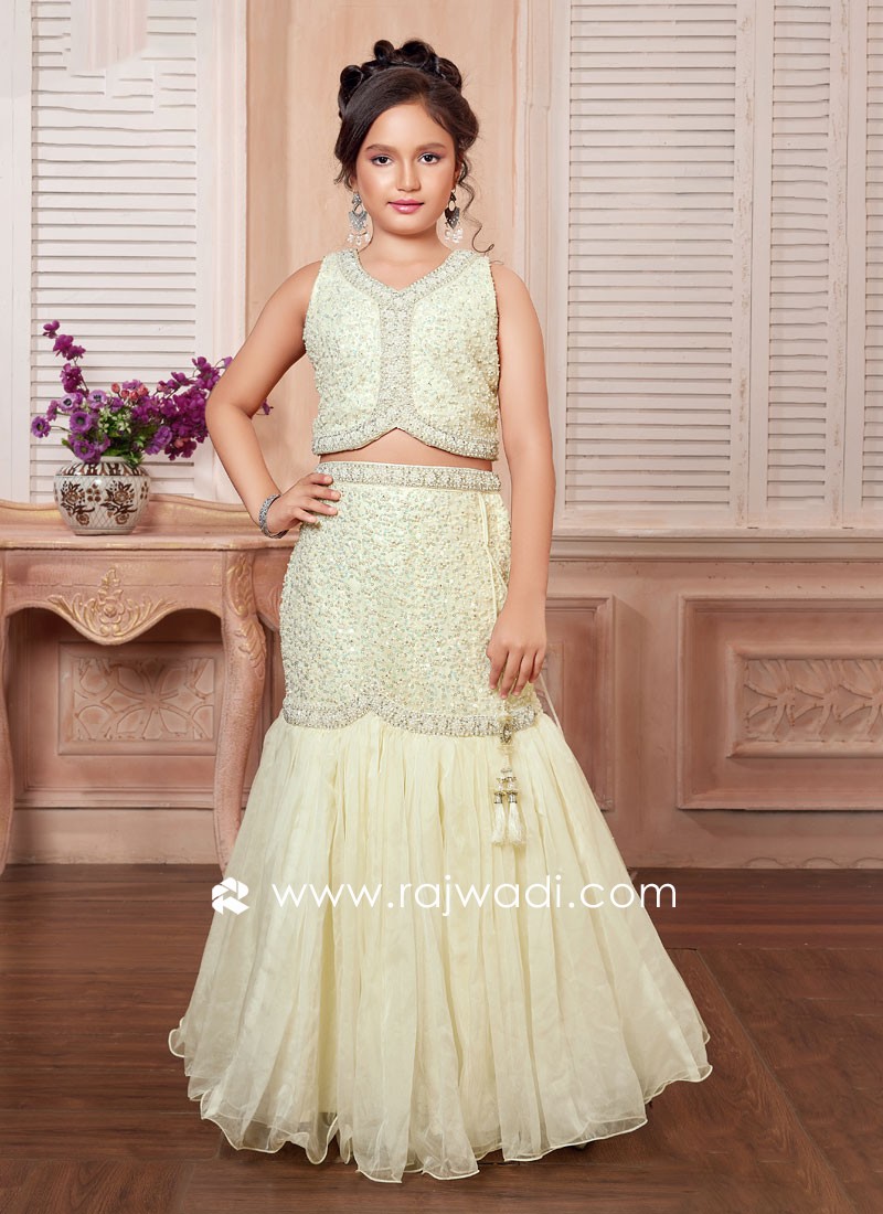 Cream Heavy Embroidered Fish Cut Readymade Lehenga Choli