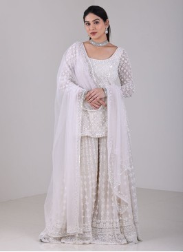 Cream Heavy Embroidered Net Palazzo Suit With Short Kurti