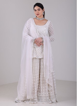 Cream Heavy Embroidered Net Palazzo Suit With Short Kurti