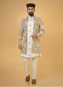 Cream Indowestern Set With Embroidered Detail