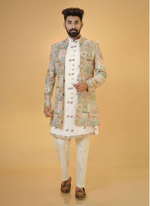 Cream Indowestern Set With Embroidered Detail