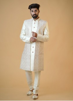 Cream Jacket And Kurta Set With Sequins Embroidere