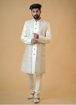 Cream Jacket And Kurta Set With Sequins Embroidered Work