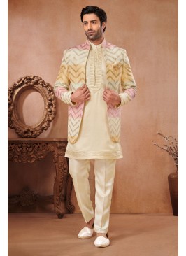 Cream Jacket Style Indowestern Set For Groom