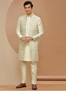 Cream Jacket Style Indowestern Set For Groom