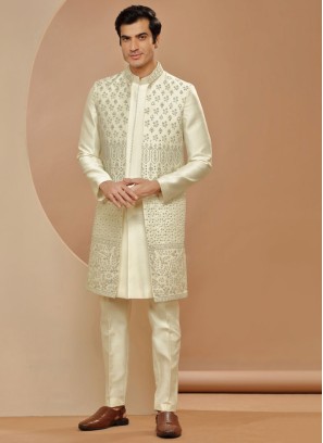 Cream Jacket Style Indowestern Set For Groom