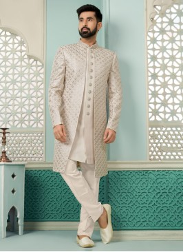 Cream Jacket Style Indowestern Set In Silk