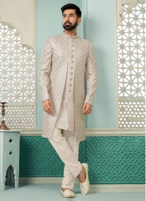 Cream Jacket Style Indowestern Set In Silk