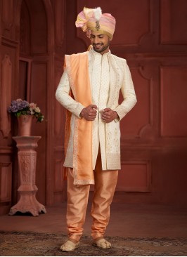 Cream Jacket Style Sherwani With Exquisite Embroidery Work