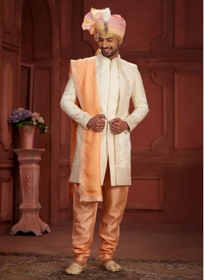 Cream Jacket Style Sherwani With Exquisite Embroidery Work