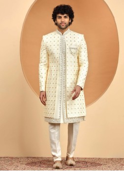 Cream Jacket Style Silk Sherwani For Groom