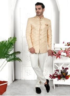 Cream Jacquard Jodhpuri Set With Bottom Fabric