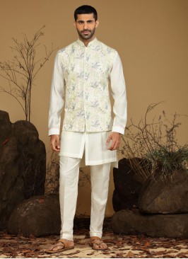 Cream Nehru Jacket Set In Silk With Thread Embroidery