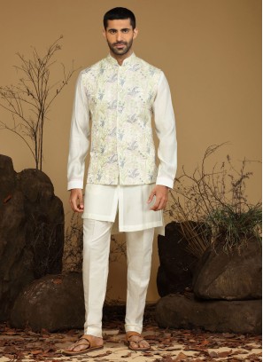 Cream Nehru Jacket Set In Silk With Thread Embroidery