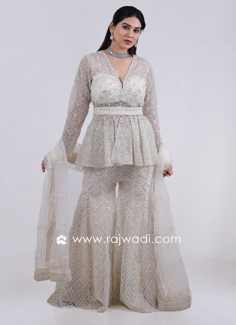 Cream Net Embroidered Peplum Top and Gharara Set