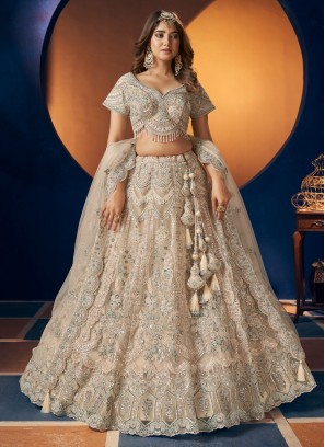 Cream Net Lehenga Suit With Sequins Embroidery