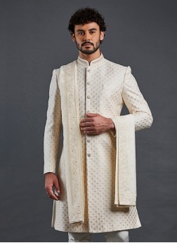 Cream Opulence Silk Sherwani Set For Groom