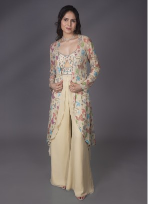 Cream Palazzo And Long Top Set With Shrug