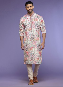 Cream Readymade Silk Printed Kurta Pajama