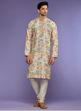 Cream Readymade Silk Printed Kurta Pajama