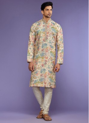 Cream Readymade Silk Printed Kurta Pajama