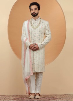Cream Sherwani Set In Silk With Embroidery