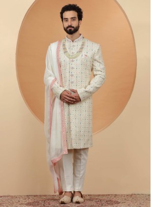 Cream Sherwani Set In Silk With Embroidery