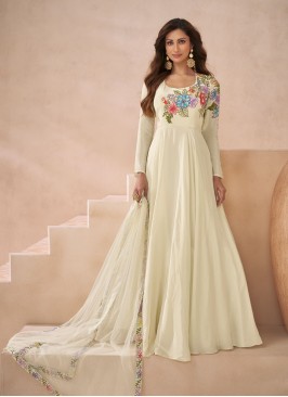 Cream Silk Anarkali And Dupatta With Flower Work