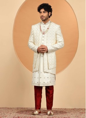 Cream Silk Embroidered Jacket Sherwani