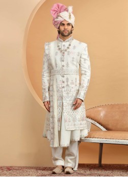 Cream Silk Embroidered Sherwani Set With Dupatta