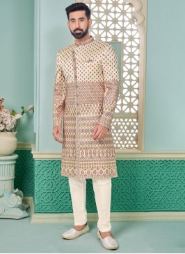 Cream Silk Indowestern Set With Embroidery