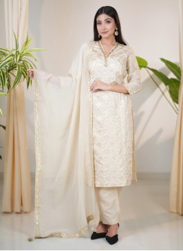 Silk Kurti Set With Dupatta In Cream Color