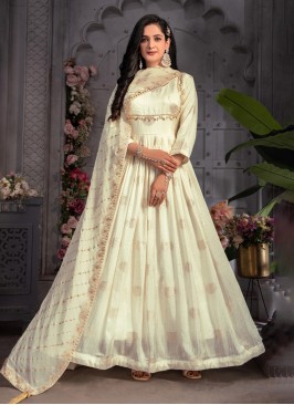 Cream Thread Embroidered Anarkali With Dupatta