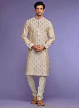 Cream Thread Embroidered Design Kurta Pajama For Men