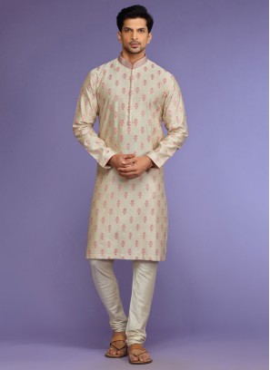 Cream Thread Embroidered Design Kurta Pajama For Men
