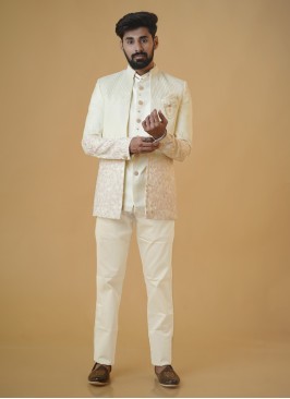 Cream Thread Embroidered Festive Jodhpuri Suit With Jacket